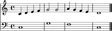 \score {
<<
\new Staff { \clef treble \key c \major \time 4/4 c'4 d' e' f' | g'2 g'2 | a'4 g' f' e' | d'1 \bar "|." }
\new Staff { \clef bass \key c \major \time 4/4 c1 | g1 | f1 | c1 \bar "|." }
>>
\layout { }
\midi { }
}