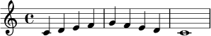 \relative c' { \clef treble \key c \major \time 4/4 c4 d e f | g4 f e d | c1 }