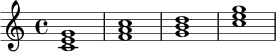 \relative c' {
\key c \major
\time 4/4
<c e g>1 |
<f a c>1 |
<g b d>1 |
<c e g>1
}