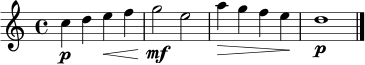 \relative c'' { \time 4/4 c4\p d e\< f | g2\mf e | a4\> g f e\! | d1\p \bar "|." }