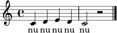 \relative c' {
\clef treble
\key c \major
\time 4/4
c4 d e d | c2 r2 \bar "|."
}
\addlyrics { nu nu nu nu nu }