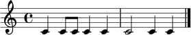 \relative c' {
\time 4/4
c4 c8 c c4 c |
c2 c4 c
\bar "|."
}