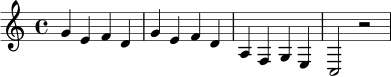 \relative c'' { \clef treble \key c \major \time 4/4 g4 e f d | g e f d | a f g e | c2 r2 | }