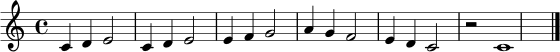 \relative c' { \clef treble \key c \major \time 4/4 c4 d e2 c4 d e2 e4 f g2 a4 g f2 e4 d c2 r2 c1 \bar "|." }