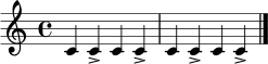 \relative c' {
\time 4/4
c4 c-> c c-> |
c4 c-> c c-> |
\bar "|."
}