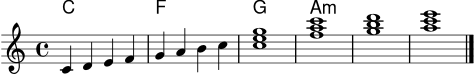 
\version "2.22.0"
\header { tagline = ##f }
\score {
  <<
    \new ChordNames { \chordmode { c1 f g a:m } }
    \new Staff \relative c' {
      \clef treble
      \key c \major
      \time 4/4
      c4 d e f
      g a b c
      <c e g>1
      <f a c>1
      <g b d>1
      <a c e>1
      \bar "|."
    }
  >>
  \layout { }
  \midi { \tempo 4 = 76 }
}

