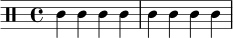 
\relative c' {
  \clef percussion
  \time 4/4
  c4 c c c |
  c4 c c c |
}
