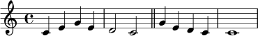 \relative c' {
\key c \major
\time 4/4
c4 e g e | d2 c |
\bar "||"
g'4 e d c | c1
}