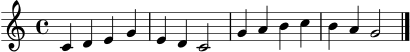 \language "deutsch"
\score {
\new Staff {
\clef treble
\key c \major
\time 4/4
c'4 d'4 e'4 g'4 | e'4 d'4 c'2 | g'4 a'4 h'4 c''4 | h'4 a'4 g'2 \bar "|."
}
\layout { }
\midi { \tempo 4 = 92 }
}