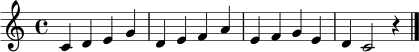 \relative c' { \clef treble \key c \major \time 4/4 c4 d e g | d4 e f a | e4 f g e | d4 c2 r4 \bar "|." }
