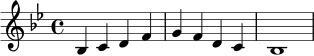 \relative c' {
\key bes \major
\time 4/4
bes4 c d f |
g4 f d c |
bes1 |
}