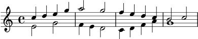 
\version "2.24.0"
\score {
  \new Staff <<
    \new Voice = "oben" \relative c'' {
      \voiceOne
      \key c \major
      \time 4/4
      c4 d e g | a2 g | f4 e d c | b2 c
    }
    \new Voice = "unten" \relative c' {
      \voiceTwo
      e2 g | f4 e d2 | c4 d f a | g1
    }
  >>
  \layout { }
  \midi { }
}
