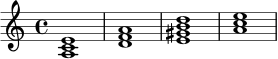 \relative c' {
\key a \minor
\time 4/4
<a c e>1 |
<d f a>1 |
<e gis b d>1 |
<a c e>1 |
}