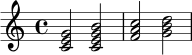 \relative c' {
\key c \major
\time 4/4
<c e g>2 <c e g b>2 |
<f a c>2 <g b d>2 |
}