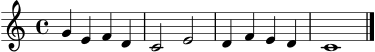 
\header { tagline = ##f }
\score {
  \new Staff \relative c'' {
    \clef treble
    \key c \major
    \time 4/4
    g4 e f d | c2 e | d4 f e d | c1 \bar "|."
  }
  \layout { }
  \midi { \tempo 4 = 88 }
}

