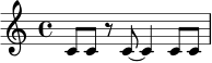 \relative c' {
\time 4/4
c8 c r8 c8~ c4 c8 c8
}
