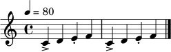 \relative c' {
\clef treble
\tempo 4 = 80
\time 4/4
c4-> d e-. f | c4-> d e-. f \bar "|."
}