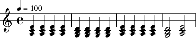 \relative c' {
\key a \minor
\time 4/4
\tempo 4 = 100
<a c e>4 <a c e> <a c e> <a c e> |
<g b d>4 <g b d> <g b d> <g b d> |
<a c e>4 <a c e> <a c e> <a c e> |
<g b d>2 <a c e>2 |
}