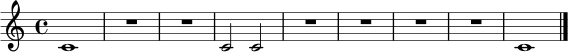 \version "2.22.0"
\paper { indent = 0 }
\score {
\new Staff {
\clef treble
\time 4/4
c'1 |
R1*2 |
c'2 c'2 |
R1*4 |
c'1 |
\bar "|."
}
\layout { }
\midi { \tempo 4 = 70 }
}