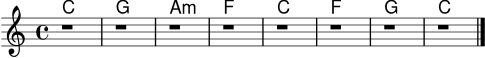 \version "2.18.2"
\header { tagline = "" }
akkorde = \chordmode { c1 g a:m f c f g c }
noten = { \clef treble \key c \major \time 4/4 r1 | r1 | r1 | r1 | r1 | r1 | r1 | r1 \bar "|." }
\score {
<<
\new ChordNames { \akkorde }
\new Staff { \noten }
>>
\layout { }
}