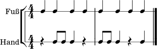 \version "2.22.0"
\paper { indent = 0\mm line-width = 135\mm }
\header { tagline = ##f }
\score {
\new StaffGroup <<
\new RhythmicStaff \with { instrumentName = "Fuß" shortInstrumentName = "F." } {
\numericTimeSignature
\time 4/4
c'4 c'4 c'4 c'4 | c'4 c'4 c'4 c'4 \bar "|."
}
\new RhythmicStaff \with { instrumentName = "Hand" shortInstrumentName = "H." } {
\numericTimeSignature
\time 4/4
r4 c'8 c'8 c'4 r4 | c'8 c'8 c'4 r4 c'4 \bar "|."
}
>>
\layout { }
\midi { \tempo 4 = 88 }
}