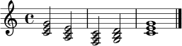 \relative c' { \clef treble \key c \major \time 4/4 <c e g>2 <a c e>2 <f a c>2 <g b d>2 <c e g>1 \bar "|." }
