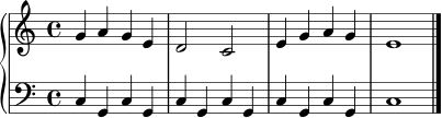 melodie = \relative c'' { \key c \major \time 4/4 g4 a g e | d2 c2 | e4 g a g | e1 \bar "|." }
bordun = \relative c { \clef bass \key c \major \time 4/4 c4 g c g | c4 g c g | c4 g c g | c1 \bar "|." }
\score {
\new PianoStaff <<
\new Staff { \melodie }
\new Staff { \bordun }
>>
\layout { }
\midi { \tempo 4 = 92 }
}