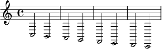 \relative c {
\key c \major
\time 4/4
c2 b |
a2 g |
f2 e |
d2 c |
}