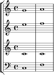 
\new StaffGroup <<
  \new Staff \relative c'' {
    \set Staff.midiInstrument = "violin"
    \key c \major \time 4/4
    g1 | a1
  }
  \new Staff \relative c'' {
    \set Staff.midiInstrument = "violin"
    \key c \major \time 4/4
    e1 | f1
  }
  \new Staff \relative c' {
    \set Staff.midiInstrument = "viola"
    \key c \major \time 4/4
    c1 | c1
  }
  \new Staff \relative c {
    \set Staff.midiInstrument = "cello"
    \clef bass
    \key c \major \time 4/4
    c1 | f1
  }
>>
