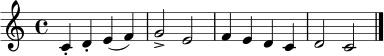 \relative c' {
\clef treble
\key c \major
\time 4/4
c4-. d-. e( f) | g2-> e | f4 e d c | d2 c \bar "|."
}
