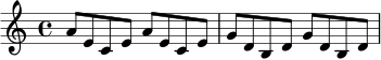 \relative c'' {
\key a \minor
\time 4/4
a8 e c e a e c e |
g8 d b d g d b d |
}