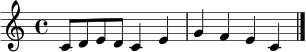 \relative c' { \set Staff.midiInstrument = "acoustic grand" \key c \major \time 4/4 c8 d e d c4 e | g f e c \bar "|." }