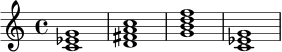 
\chordmode {
  \time 4/4
  c1:m |
  d1:7 |
  g1:7 |
  c1:m |
}

