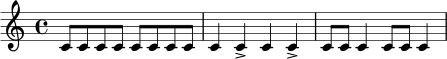 
\relative c' {
  \time 4/4
  c8 c c c c c c c |
  c4 c-> c c-> |
  c8 c c4 c8 c c4 |
}
