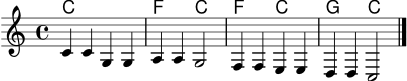 
\score {
  <<
    \new ChordNames \chordmode { c1 f2 c f c g c }
    \new Staff \relative c' {
      \clef treble
      \key c \major
      \time 4/4
      c4 c g g | a a g2 | f4 f e e | d d c2 \bar "|."
    }
  >>
  \layout { }
  \midi { \tempo 4 = 96 }
}
