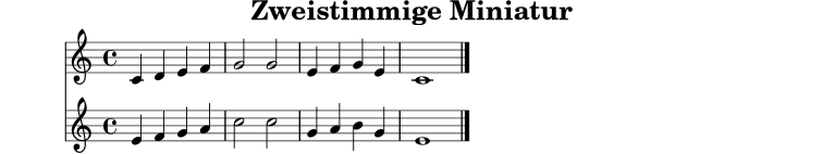 
X:13
T:Zweistimmige Miniatur
M:4/4
L:1/4
K:C
V:1
C D E F | G2 G2 | E F G E | C4 |]
V:2
E F G A | c2 c2 | G A B G | E4 |]
