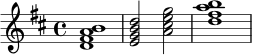\relative c' {
\key d \major
\time 4/4
<d fis a b>1 | <e g b d>2 <a cis e g>2 | <d fis a b>1 |
}