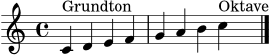\language "deutsch"
\score {
\new Staff {
\clef treble
\key c \major
\time 4/4
c'4^\markup { Grundton } d'4 e'4 f'4 | g'4 a'4 h'4 c''4^\markup { Oktave } \bar "|."
}
\layout { }
\midi { \tempo 4 = 84 }
}