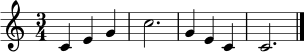 \relative c' { \clef treble \time 3/4 c4 e g | c2. | g4 e c | c2. \bar "|." }