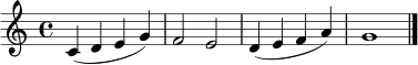 \relative c' {
\time 4/4
\key c \major
c4( d e g) | f2 e | d4( e f a) | g1 \bar "|."
}