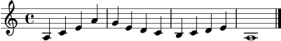 
X:1
M:4/4
L:1/4
K:Am
A, C E A | G E D C | B, C D E | A,4 |]
