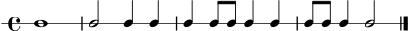 
\version "2.24.0"
\header { tagline = ##f }
\score {
  \new RhythmicStaff {
    \time 4/4
    c1 |
    c2 c4 c4 |
    c4 c8 c8 c4 c4 |
    c8 c8 c4 c2 |
    \bar "|."
  }
  \layout { ragged-right = ##t }
  \midi { \tempo 4 = 72 }
}
