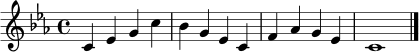 \relative c' {
\clef treble
\time 4/4
\key c \minor
c4 ees g c | bes g ees c | f aes g ees | c1 \bar "|."
}