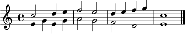 
\header { tagline = ##f }
stimmeA = \relative c'' { c2 d4 e | f2 e | d4 e f g | c,1 \bar "|." }
stimmeB = \relative c' { e4 g e g | a2 g | f2 d | e1 \bar "|." }
\score {
  \new Staff <<
    \new Voice = "A" { \clef treble \key c \major \time 4/4 \voiceOne \stimmeA }
    \new Voice = "B" { \voiceTwo \stimmeB }
  >>
  \layout { }
  \midi { \tempo 4 = 70 }
}
