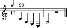 \relative c' { \set Staff.midiInstrument = "acoustic grand" \tempo 4 = 90 \clef treble \time 4/4 c4 g e c | g'2 r2 \bar "|." }