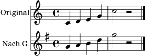 \version "2.22.0"
\header { tagline = ##f }
\score {
<<
\new Staff \with { instrumentName = "Original" } \relative c' {
\clef treble
\key c \major
\time 4/4
c4 d e g | c2 r \bar "|."
}
\new Staff \with { instrumentName = "Nach G" } \relative g' {
\clef treble
\key g \major
\time 4/4
g4 a b d | g2 r \bar "|."
}
>>
\layout { }
\midi { }
}