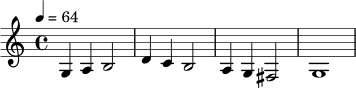 \relative c' {
\time 4/4
\tempo 4 = 64
g4 a b2 | d4 c b2 | a4 g fis2 | g1
}