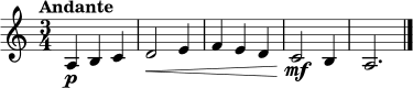 \relative c' {
\clef treble
\time 3/4
\key a \minor
\tempo "Andante"
a4\p b c | d2\< e4 | f4 e d | c2\mf b4 | a2. \bar "|."
}