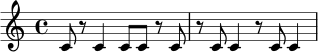 \relative c' {
\time 4/4
c8 r8 c4 c8 c8 r8 c8 |
r8 c8 c4 r8 c8 c4 |
}