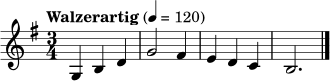 
\relative c' {
  \clef treble
  \key g \major
  \time 3/4
  \tempo "Walzerartig" 4 = 120
  g4 b d | g2 fis4 | e d c | b2. \bar "|."
}
